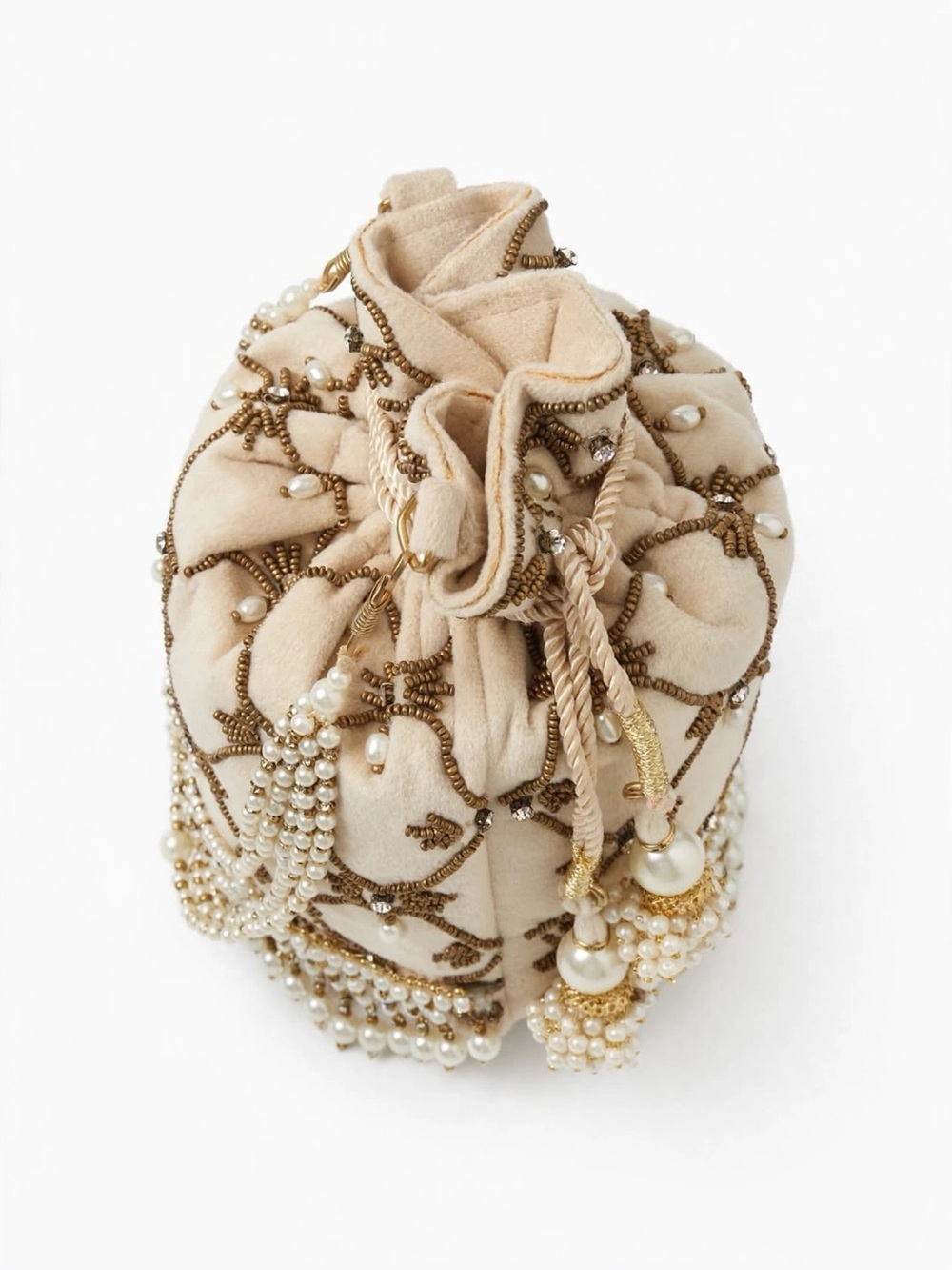 Beige Pearl Potli Bag Bridal Wedding Clutch Eid Party Gift